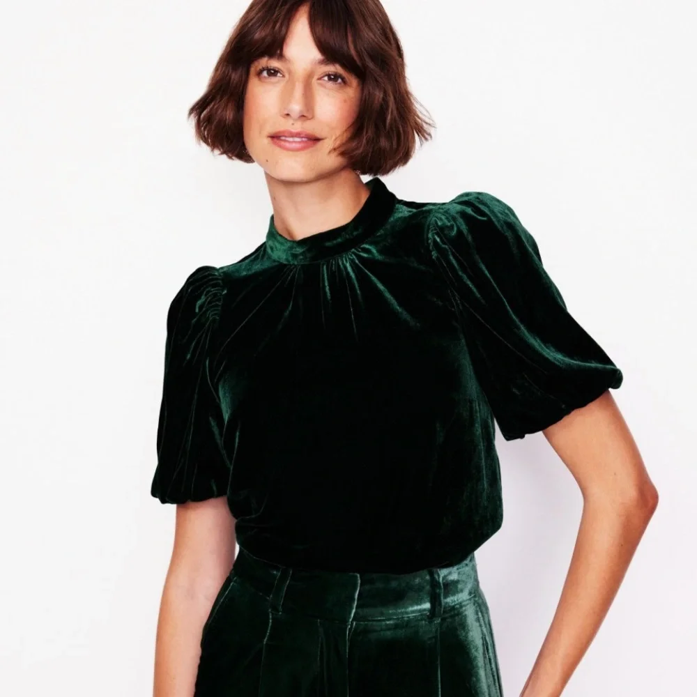 Boden puff sleeve velvet top dark green sz 10